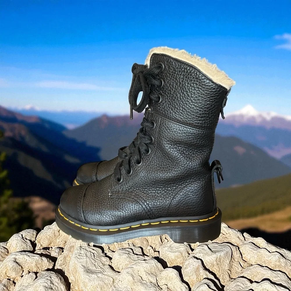 Dr. Marten’s Amilita Aunt Sally Black Leather Faux Fur Lined Boot.